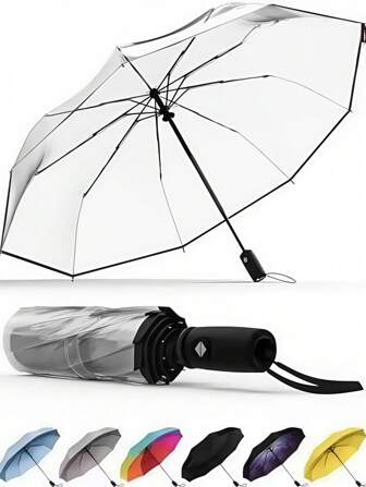 Auto Open/Close Clear Transparent Umbrella - Windproof Compact 3-Folding Travel Umbrella, Lightweight & Portable Unisex Rainproof Design For Daily Use (Quick Dry Handle) Summer Cooling,Beach,Travel