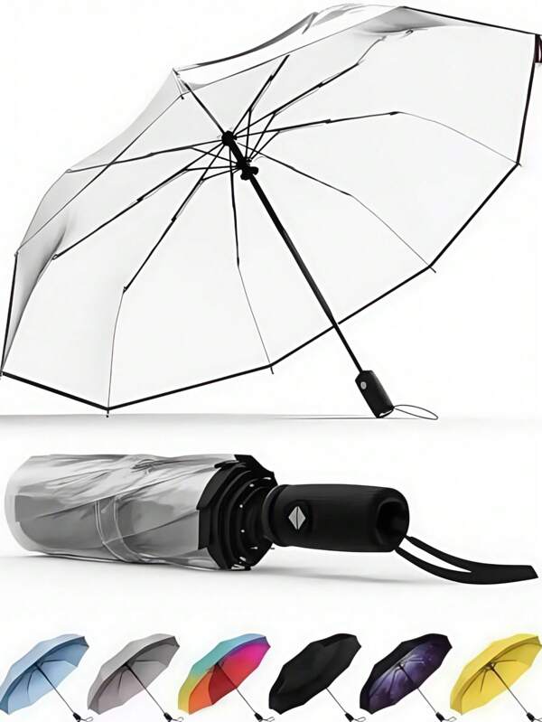 Paraguas transparente claro con apertura y cierre automático - Paraguas plegable de 3 pliegues resistente al viento, liviano y portátil, diseño de lluvia unisex para uso diario (mango de secado rápido) para refrescarse en verano, playa, viajes