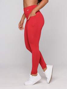 LOT FITNESS Women's Scarlet Gym Set Polyamide Open Back Top Square Neckline And Leggings With Pocket Essential Collection - 紅色 - 查看 10