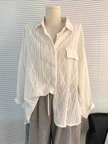 Women's Solid Color Front Button Long Sleeve Casual Crochet Hollow Blouse - White - View 3