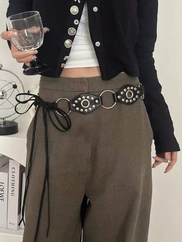 1 pieza Cinturón de mujer de material de PU negro con hebilla redonda, remaches y atadura a la cintura