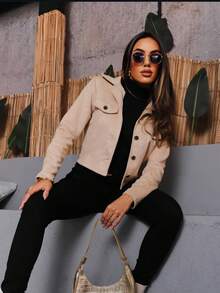 Women's Winter Jacket Button Details - 米色 - 查看 3