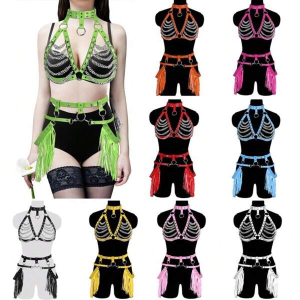 Sexy leren body chain harnas set met afneembare franje riem - Gothic punk band accessoires voor vrouwen, edgy fashion bondage styling