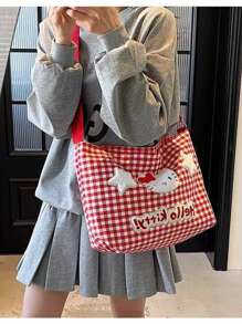 Sanrio Borsa a tracolla Sanrio Hello Kitty a quadri, borsa a cartone animato da donna, borsa in tela con grande capacità, borsa a tracolla per studenti e pendolari, per forniture scolastiche, back to school