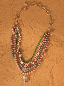 1pc Baroque Pearl & Natural Coconut Shell Beads Multi Layer Necklace, Suitable For Women Daily Wear