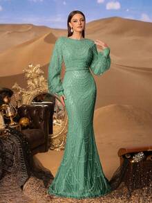 Faeriesty Haute Glamour Elegant Luxurious Sequined Mermaid Gown With Long Sleeves - Sparkling Crystal-Beaded Accents For Red Carpet Events, Celebrity Weddings, Gala Dinners, And Editorial-Ready Fashion Showouts - 薄荷綠 - 查看 6