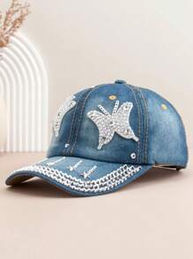 1 Stück Damen Mode Baseball Kappe mit Schmetterling Strass, vielseitig einsetzbarer Outdoor Lässig Sonnenhut mit farbigen Strass-Akzenten