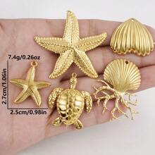 5 Stücke Edelstahl Ozean Themen Anhänger Sortiment - Seestern, Muschel, Schildkröte, Hai, Fisch, Delfin, Seepferdchen. Geeignet für Armband, Halskette, Knöchel, Ohrring Schmuck DIY, Vintage, Strand, Party Elemente, 18 Karat vergoldet