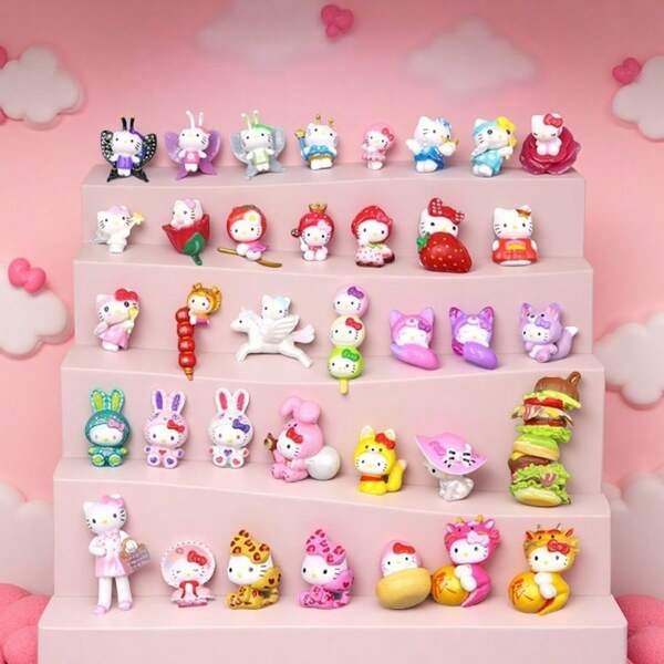Hello Kitty Juego de 5 / 10 figuras aleatorias de aproximadamente 4 cm de la gata anime Hello Kitty, variedades de modelos lindos, materiales DIY, accesorios decorativos, juguetes, regalos de sorpresa de graduación
