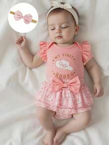 0-18 Months Baby Girl Western Outfit Cowgirl Hat Letter Short Sleeve Ruffle Romper Layered Skorts Bow Headband 3 Piece Set - 粉色 - 查看 2