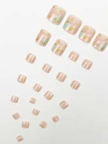 Elevate Your Style Wit 24pcs Short Square Nails Ins Style Nude Pink Toe Nails, White And Light Green Marble Blend, Gold Glitter Decoration, Sweet And Cute Nail Art, Fresh Elegant Press On Toe Nails, Fashionable And Beautiful Nail Charms, Modern Daily Pressing Full Set Of Toenails, Suitable For Women's Summer, Vacation, Beach, Party, Dance Party, Etc, Nail Supplies