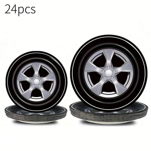 24pcs Black Tire Design Disposable Paper Plates, 7 And 9 Inches Heavy Duty Black Disposable Dinner Plates, Suitable For Racing Events, Competitions, Birthday Parties, Theme Parties, Outdoor Gatherings, Family Occasions