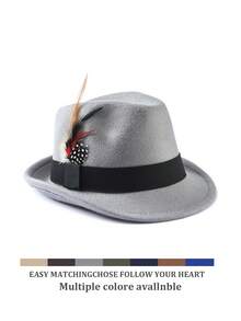 1pc Unisex Elegant Square Woven Band & Feather Trim Felt Trilby Hat, Suitable For Daily & Holiday Wear - Multicolor - View 15