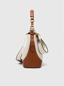 Bolso de cubo de lienzo con diseño de patchwork, bolso de mano de diseñador para mujer, bolso de lujo con correa de hombro ancha de piel de PU