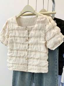 Solid Color Polyester Layered Cake Button Short Sleeve Blouse, Asymmetric Cut, Summer