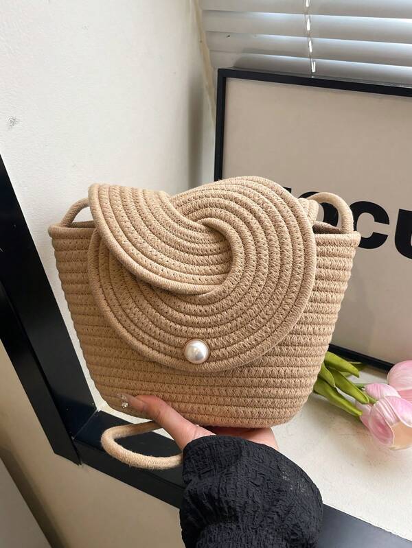 French Style Niche Woven Bag For Women 2025 New Summer Beach Vacation Beach Bag, Large Capacity Handheld Vegetable Basket