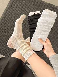 1 Pair Women White Mesh Lace Layered Mid-Calf Socks, Casual Everyday Wear Or Party/Club - Beige - View 4