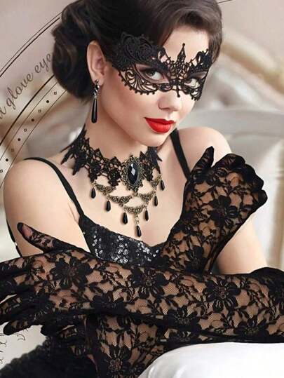 3pcs Vintage 1980s Style Masquerade Party Accessory Set, Including Polyester & Nylon Lace Eyemask, Metal Chain Necklace With Pendant, And Washable Lace Gloves , Elegant Party Outfit, Rave