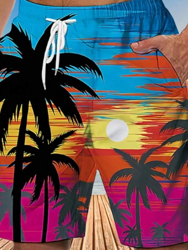 Men's Summer Palm Tree Print Drawstring Waist Loose Casual Shorts, Fashion Swimwear 3D Printed Breathable Street Style Beach Pants