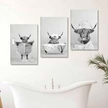 Set Of 3 Black And White Highland Cow Wall Art Canvas Painting, Funny Animal Bathroom Poster Prints With Frame, Suitable For Modern Living Room, Bathroom, Bedroom, Hotel, Apartment, B&B, Farmhouse, Hallway, Studio, Kids Room, Classroom, Study, Office Decoration Ready To Hang ,Wall Art With Frame