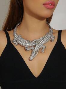 1pc Retro European Exaggerated Rhinestone Crocodile Necklace, Women Personalized Choker Accessory - Alligator Necklace - View 4