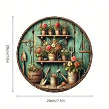 [Estilo Europeu] Arte de Parede Redonda de Madeira com Tema de Jardim Vintage, 7.87 Polegadas - Design Rústico de Flor e Ferramenta de Jardinagem, Adequado para Casa, Quarto, Banheiro, Bar, Café, Decoração Estilo Fazenda - Placa de Parede Retrô Encantadora, Decoração de Jardim