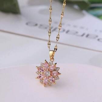 1pc Necklace Korean Version Fashionable Pink Crystal Flower Women's Necklace High-End Exquisite Women's Collarbone Chain