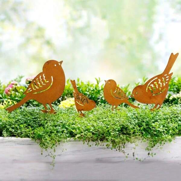 4pcs Rusty Finish Metal Bird Silhouette Garden Stakes, Fence Topper Decor, Ideal For Yard, Garden, Lawn Decoration, Animal Outdoor Decorations, Spring/Summer