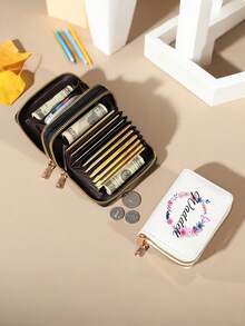 1 pieza Billetera personalizada con cremallera doble y patrón de corona, portacartas de crédito, billetera de piel para mujer, billetera de viaje con cremalleras, billetera antirrobo con cremallera, disponible en negro y blanco, de gran capacidad, adecuada para fiestas, compras, viajes y otras ocasiones, se puede regalar en cualquier ocasión - Multicolor - Ver 4