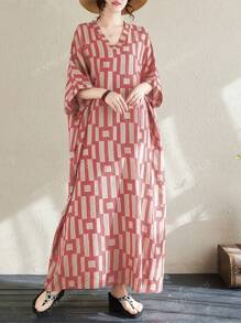 New Artistic Vintage Floral Print Casual Holiday V-Neck Mid-Length Dress For Women, Spring/Summer