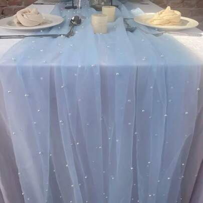 1pc Decor Table Cloth For Wedding Arch, Bridal Shower Decorations, Romantic Pearl Lace Table Cloth, Embroidered Transparent Wrinkle-Resistant White Dessert Tablecloth For Events, Chiffon Lace