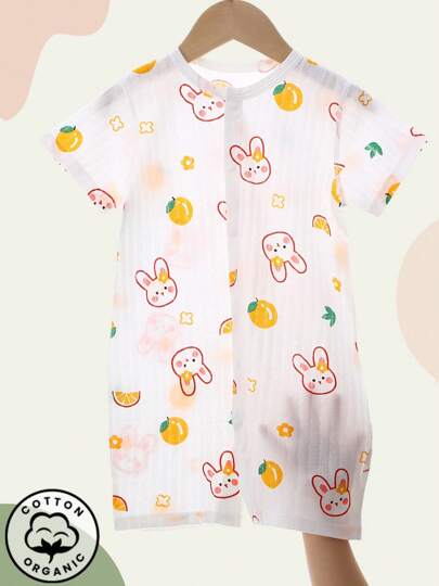 1-częściowy letni kombinezon dla dziewczynki, uroczy kombinezon żakardowy z nadrukiem w cytrynowego króliczka, z krótkim rękawem i spodenkami, odpowiedni do użytku w domu i na zewnątrz