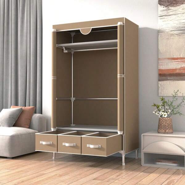Portable Wardrobe - Roll Up Zipper Wardrobe With Hanging Rod, Non-Woven Storage Rack, 1 Hanging Rod, 3 Drawers, Easy Assembly - 35.5 X 17.7 X 67.7 Inches