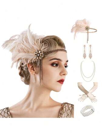 Set de 5 piezas de accesorios de disfraz de estilo Flapper de los años 20 Gatsby, que incluye diadema de plumas artificiales, collar de perlas vintage, guantes, aretes de strass y tocado para fiesta para mujeres en bailes de graduación y Halloween