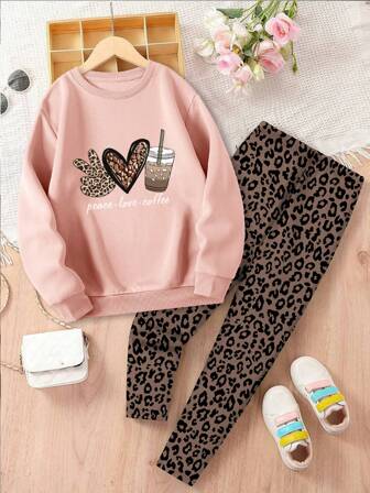 Conjunto de niña preadolescente con sudadera holgada cómoda con estampado de leopardo y corazón y letras, y pantalones de ajuste relajado con estampado de leopardo