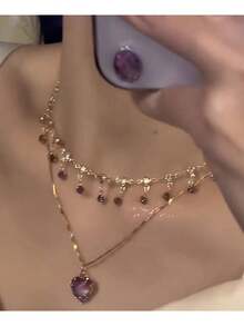 1 件紫色爱心项链女超美双层锁骨链日常佩戴节日礼物男女