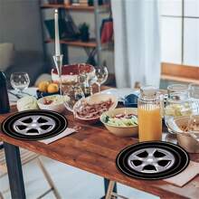 24pcs Black Tire Design Disposable Paper Plates, 7 And 9 Inches Heavy Duty Black Disposable Dinner Plates, Suitable For Racing Events, Competitions, Birthday Parties, Theme Parties, Outdoor Gatherings, Family Occasions