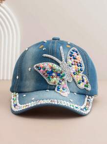 1 Stück Damen Mode Baseball Kappe mit Schmetterling Strass, vielseitig einsetzbarer Outdoor Lässig Sonnenhut mit farbigen Strass-Akzenten