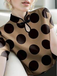 Women's Improved Cheongsam Collar Short Sleeve T-Shirt, Summer New Coffee Color Polka Dot Print, Slimming Undershirt - Coffee Brown - View 3