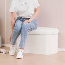 Folding Ottoman Storage Bench,Boucle Footstool Oval, End Of Bed Stool, Ideal For Living Room, Bedroom, 100L Storage Space,White - White - View 5