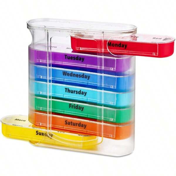 Caja organizadora de color arcoíris con 28 compartimentos para 7 días, caja de plástico portátil para clasificar vitaminas y nutrición para bebés y niños pequeños