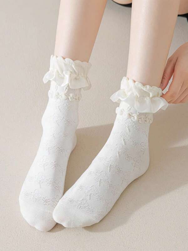 1 Pair Women's Satin Ribbon Trim Lolita Style Mid-Calf Socks With Bow, Cute Japanese School Girl Knee High Socks