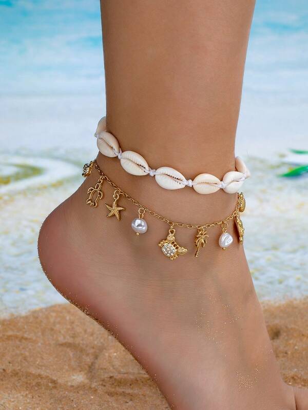 2 Pcs Bohemia Shell Anklet Women Starfish Palm Tree Sea Turtle Charms Anklets Set, Vacation Style Beach Foot Jewelry