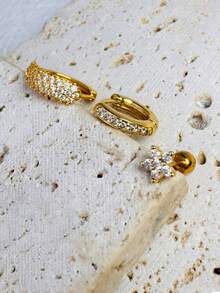 3pcs Full Zirconia Hoop Stud Stacks Earring For Women, Sparkling CZ Flower 18K Gold Plated Earrings Set Cartilage Conch Helix Lightweight For Multiple Piercing Jewelry For Women - Gold-2# - View 4