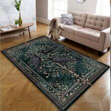 84x60inch Gothic Area Rug Dark Green Color Rug Flower Trees And Crows Medieval Anti-Slip Rug Damask Vintage Floor Art Machine Washable Rug - 1 - View 8