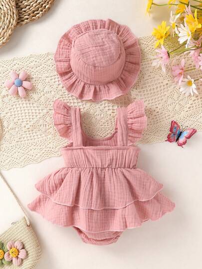 2pcs Baby Girl Elegant Cute Romper & Dress Set, Soft Breathable Comfortable With Bow Decor Solid Color Layered Ruffle Romper+Sun Hat, Suitable For Casual, Daily, Holiday