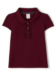 Girls Stain-Resistant Ruffle Polo - Uniform School Flat Rib Knit Collar Half Button Placket With Ruffle Trim - SUGAR BEET - View 1