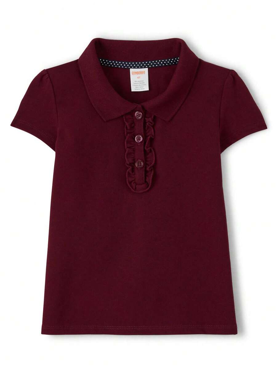 Girls Stain-Resistant Ruffle Polo - Uniform School Flat Rib Knit Collar Half Button Placket With Ruffle Trim - SUGAR BEET - View 1