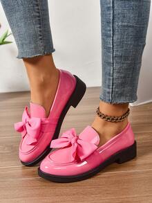 Women Flat Pink Loafers With Pointed Toe, Bow Decor, Glossy Nurse Stewardess Casual Slip-On Shoes Waterproof Platform For Commute, Lolita COS - Pink - View 2