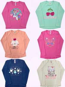 Kit 05 Blusinhas Manga Longa Feminina Roupa Infantil Menina Criança Com Silk Pedraria Cores Sortidas